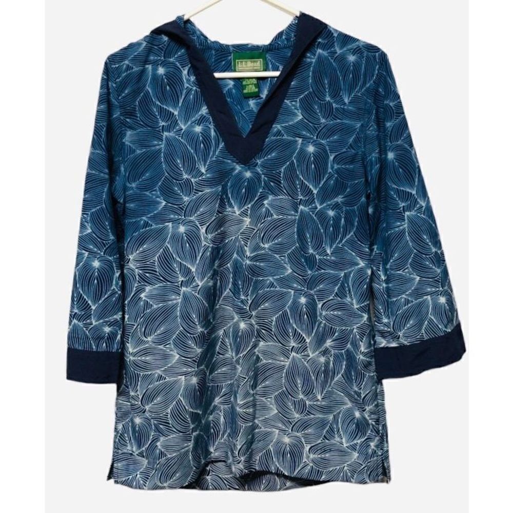 L.L.Bean Womens Blue Tropical Print Oversized Hooded Swim Cover-Up Size Small
